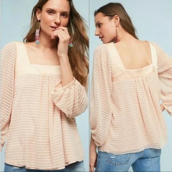 Meadow Rue Tops - Anthropologie Meadow Rue Allison Chiffon Women's Cream Striped Sheer Top Sz L